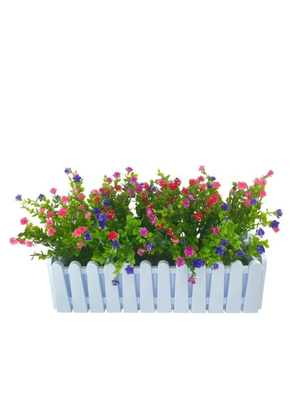Nettenevime Yapay Çiçek Beyaz Çit Balkon Saksısı Renkli Mineli Şimşir Çiçekli 55*35cm - 2