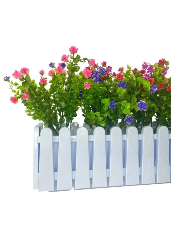 Nettenevime Yapay Çiçek Beyaz Çit Balkon Saksısı Renkli Mineli Şimşir Çiçekli 55*35cm - 4