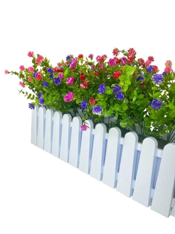 Nettenevime Yapay Çiçek Beyaz Çit Balkon Saksısı Renkli Mineli Şimşir Çiçekli 55*35cm - 5
