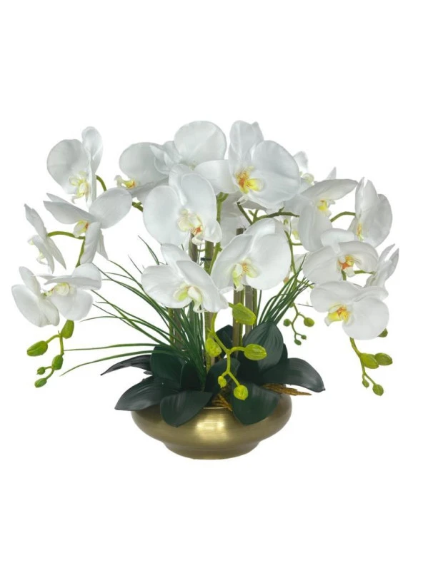 Nettenevime Yapay Çiçek 5li Beyaz Islak Orkide Metal Yuvarlak Eski Gold Vazoda Orkide 50cm ürün görseli 1