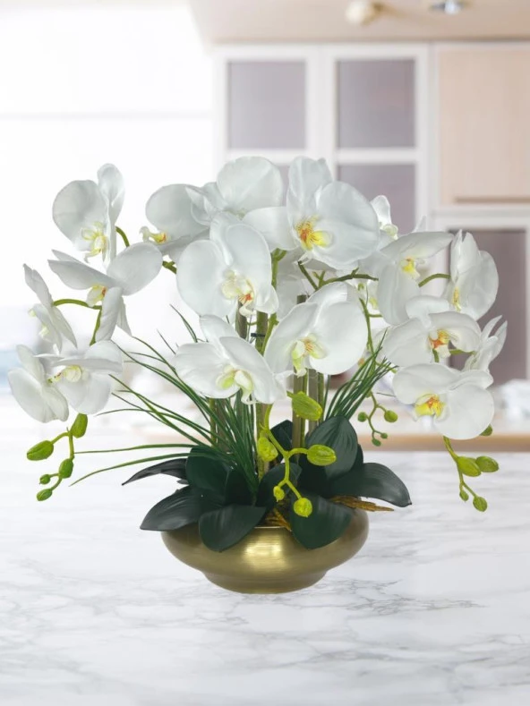 Nettenevime Yapay Çiçek 5li Beyaz Islak Orkide Metal Yuvarlak Eski Gold Vazoda Orkide 50cm - Resim 2