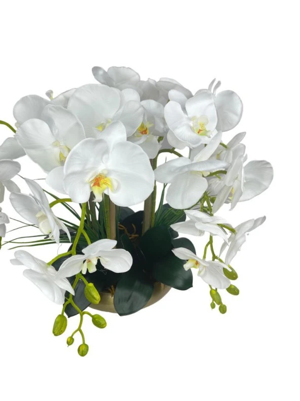 Nettenevime Yapay Çiçek 5li Beyaz Islak Orkide Metal Yuvarlak Eski Gold Vazoda Orkide 50cm - Resim 4
