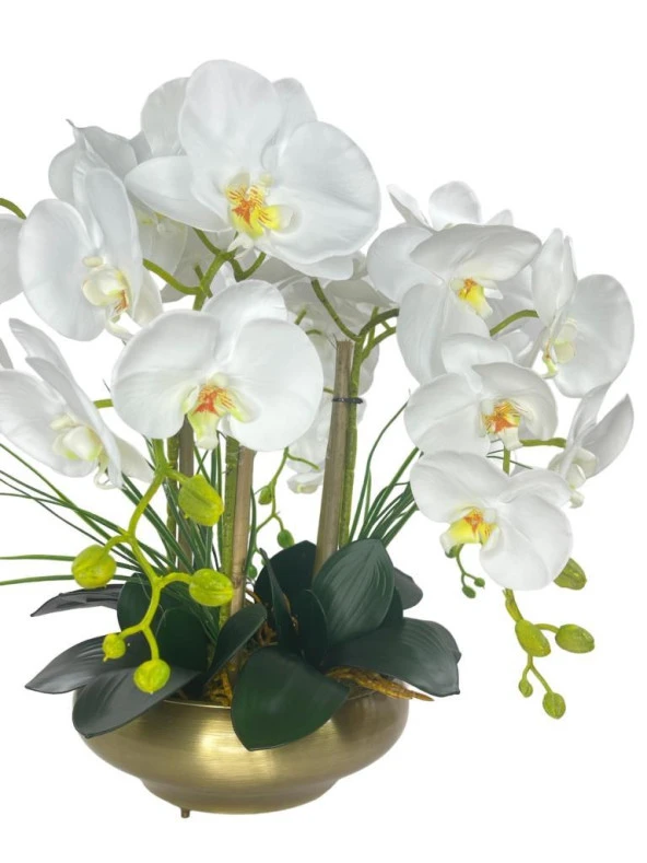 Nettenevime Yapay Çiçek 5li Beyaz Islak Orkide Metal Yuvarlak Eski Gold Vazoda Orkide 50cm - Resim 5
