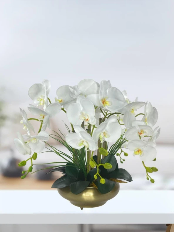 Nettenevime Yapay Çiçek 5li Beyaz Islak Orkide Metal Yuvarlak Eski Gold Vazoda Orkide 50cm - Resim 7
