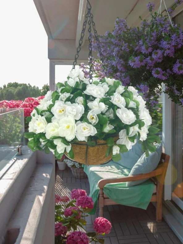 Nettenevime Yapay Çiçek Sarkaç Askılı Makreme Sepette Açelya Beyaz Çiçek Sepeti - Resim 2