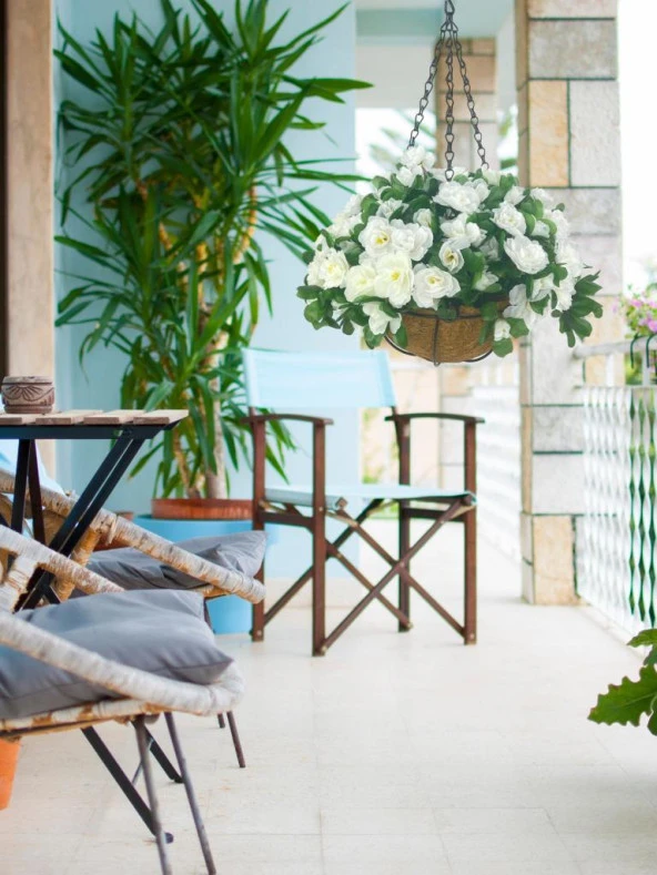 Nettenevime Yapay Çiçek Sarkaç Askılı Makreme Sepette Açelya Beyaz Çiçek Sepeti - Resim 5