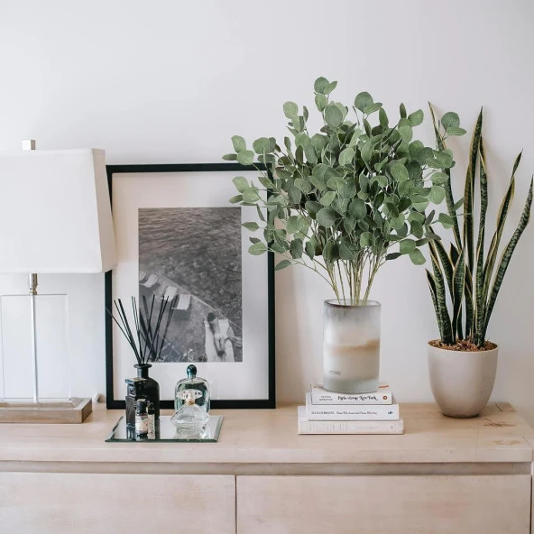Nettenevime Yapay Çiçek Yeşil Okaliptus Tek Dal Kumaş Yapraklı Uzun Dal 80cm Eucalyptus - Resim 6