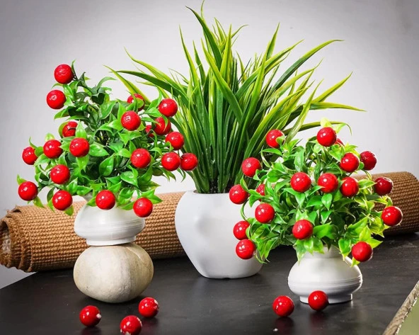 Nettenevime 3lü Set Yapay Kiraz Demeti Yapay Çiçek 30*20cm Yeşil Yapraklı - Resim 6