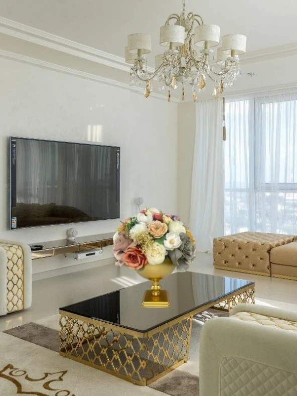 Yapay Çiçek Aranjmanı Büyük Boy Pudra Tonlar Gold Metal Vazolu Arajman Nişan Kız İsteme Çiçeği - 6