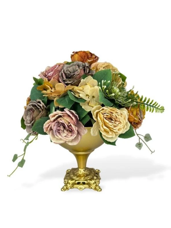 Nettenevime Yapay Çiçek Aranjmanı Büyük Boy Somon Tonlar Gold Metal Vazolu Arajman Nişan Kız İsteme Çiçeği