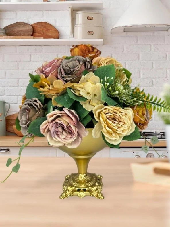 Nettenevime Yapay Çiçek Aranjmanı Büyük Boy Somon Tonlar Gold Metal Vazolu Arajman Nişan Kız İsteme Çiçeği - 3