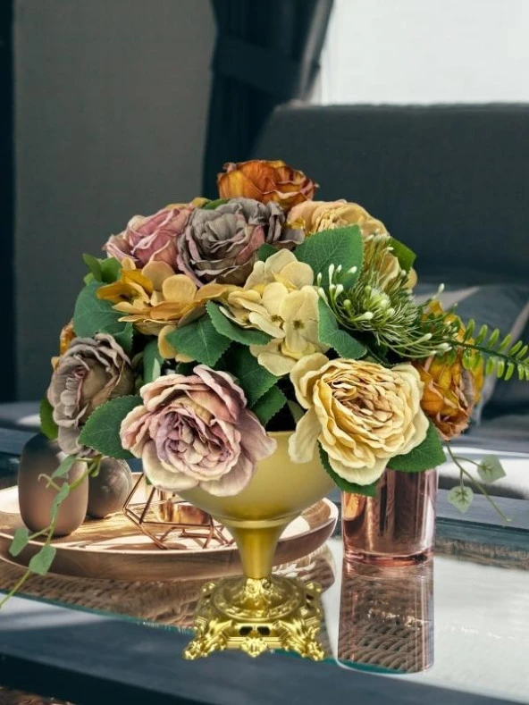 Nettenevime Yapay Çiçek Aranjmanı Büyük Boy Somon Tonlar Gold Metal Vazolu Arajman Nişan Kız İsteme Çiçeği - 4