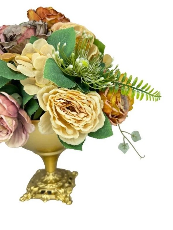 Nettenevime Yapay Çiçek Aranjmanı Büyük Boy Somon Tonlar Gold Metal Vazolu Arajman Nişan Kız İsteme Çiçeği - 7