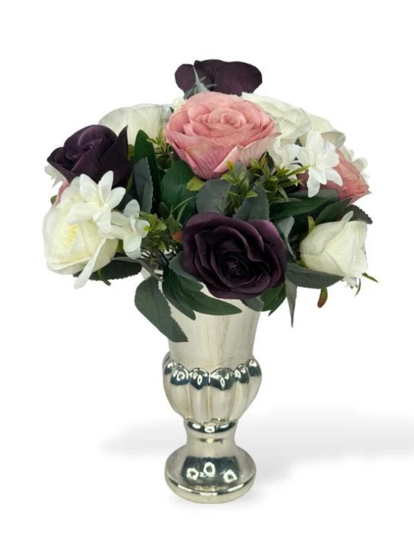 Nettenevime Yapay Çiçek Aranjmanı Büyük Boy Mürdüm Tonlar Gümüş Cam Kupa Vazolu Arajman Nişan Kız İsteme Çiçeği ürün görseli 1