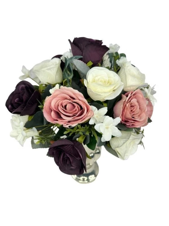 Nettenevime Yapay Çiçek Aranjmanı Büyük Boy Mürdüm Tonlar Gümüş Cam Kupa Vazolu Arajman Nişan Kız İsteme Çiçeği - Resim 2