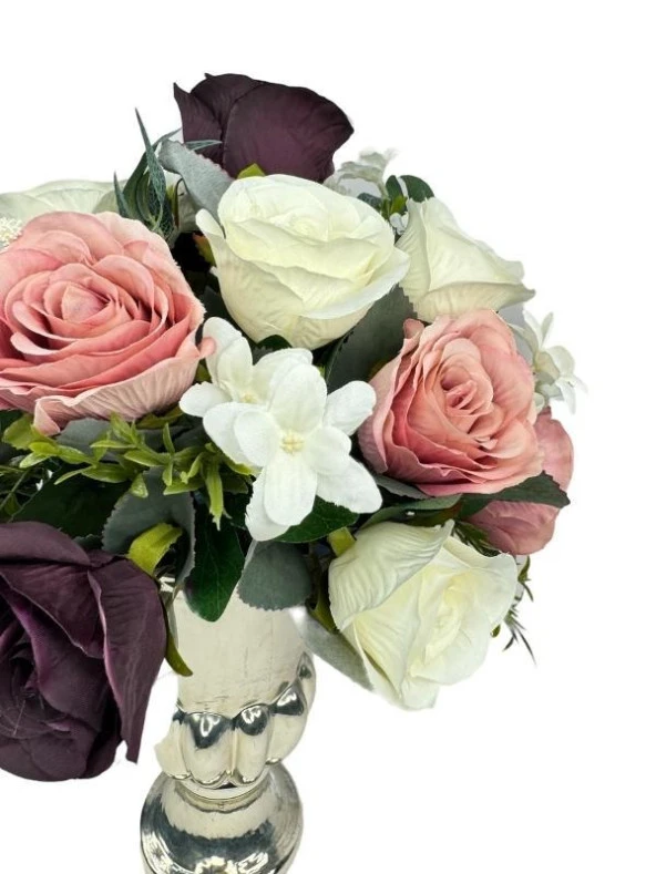 Nettenevime Yapay Çiçek Aranjmanı Büyük Boy Mürdüm Tonlar Gümüş Cam Kupa Vazolu Arajman Nişan Kız İsteme Çiçeği - Resim 3