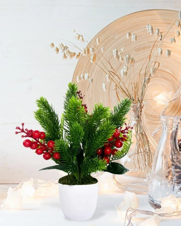 Nettenevime Yapay Çiçek Yılbaşı Çiçeği Kırmızı Kokina Ve Çam Dalı  Beyaz aksıda 30*20cm ürün görseli 1