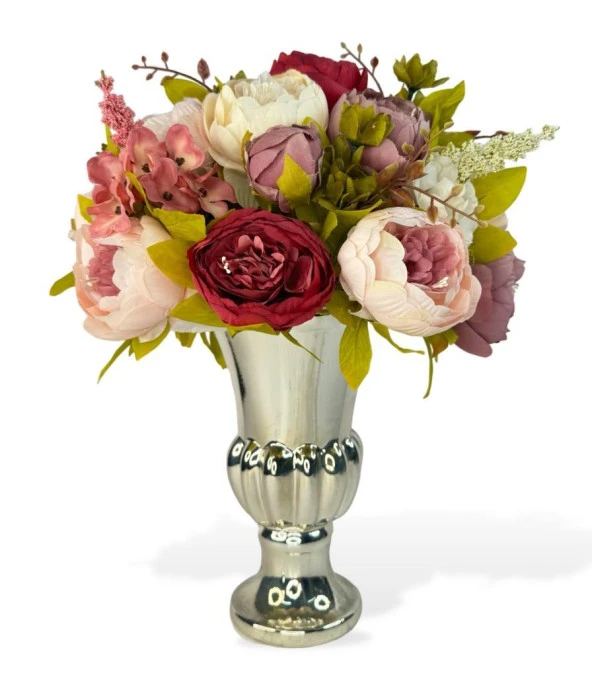 Nettenevime Yapay Çiçek Aranjmanı Fuşya Pembe Gülkurusu Rengi Gümüş Cam Vazoda Nişan Çiçeği İsteme Çiçeği ürün görseli