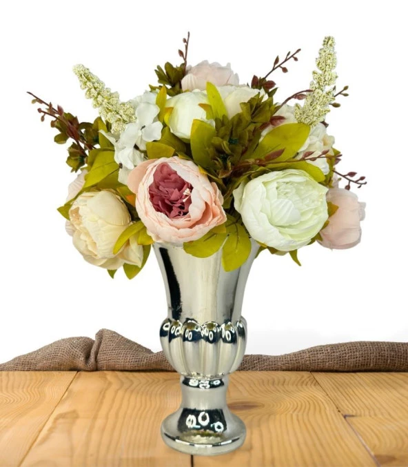 Nettenevime Yapay Çiçek Aranjmanı Pembe Beyaz Krem Rengi Gümüş Cam Vazoda Nişan Çiçeği İsteme Çiçeği ürün görseli 1