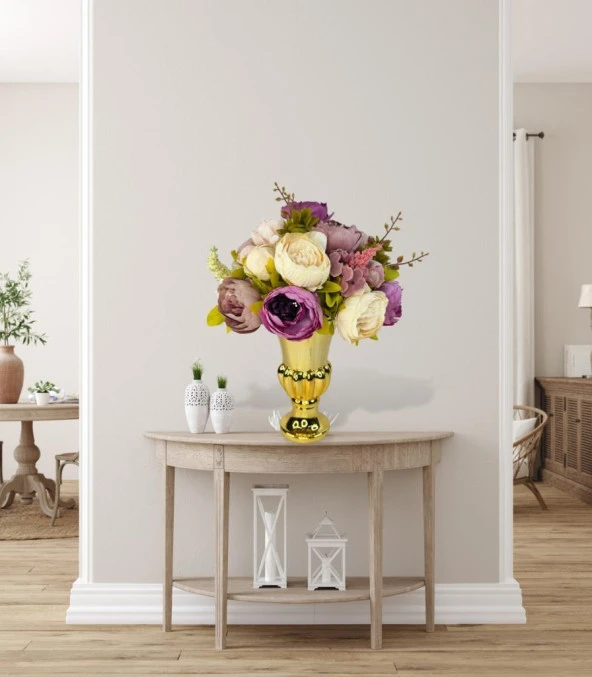 Nettenevime Yapay Çiçek Aranjmanı Mor Pembe Gülkurusu Rengi Gold Cam Vazoda Nişan Çiçeği İsteme Çiçeği - Resim 3