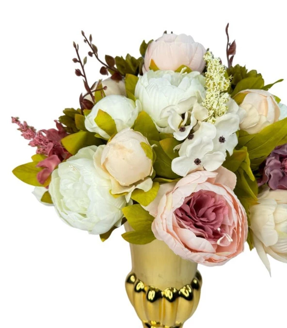 Nettenevime Yapay Çiçek Aranjmanı Pembe Beyaz Krem Rengi Gold Cam Vazoda Nişan Çiçeği İsteme Çiçeği - Resim 3