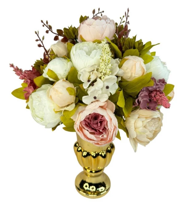 Nettenevime Yapay Çiçek Aranjmanı Pembe Beyaz Krem Rengi Gold Cam Vazoda Nişan Çiçeği İsteme Çiçeği - Resim 4