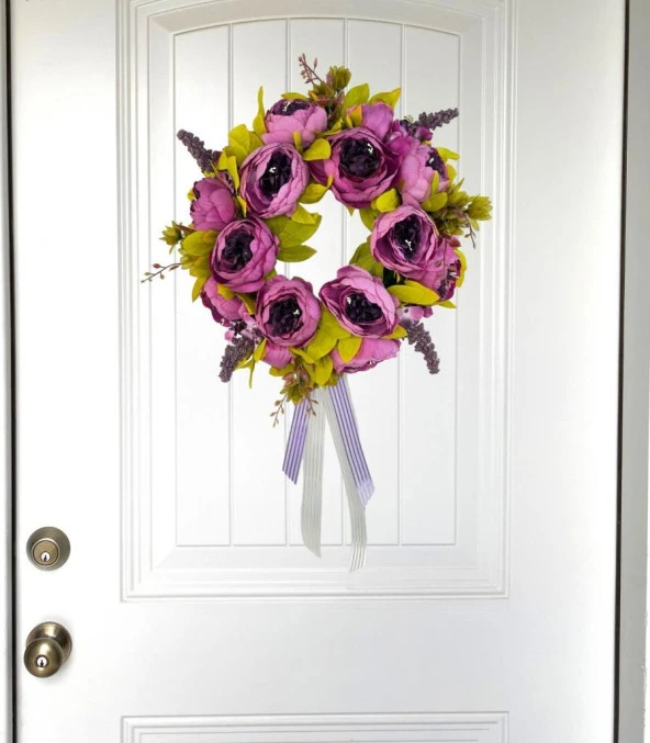 Nettenevime Yapay Çiçek Kapı Süsü Mor Şakayık Marsilya Güllü Yılbaşı Kapı Çelengi - Resim 5