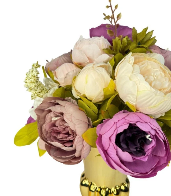 Nettenevime Yapay Çiçek Aranjmanı Mor Pembe Gülkurusu Rengi Gold Cam Vazoda Nişan Çiçeği İsteme Çiçeği - Resim 5
