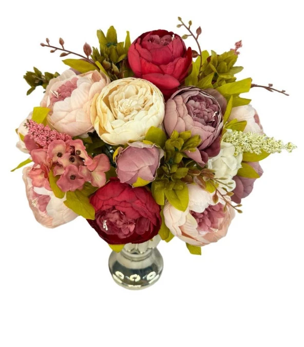 Nettenevime Yapay Çiçek Aranjmanı Fuşya Pembe Gülkurusu Rengi Gümüş Cam Vazoda Nişan Çiçeği İsteme Çiçeği - Resim 4