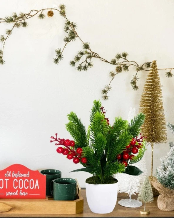 Nettenevime Yapay Çiçek Yılbaşı Çiçeği Kırmızı Kokina Ve Çam Dalı  Beyaz aksıda 30*20cm - Resim 5