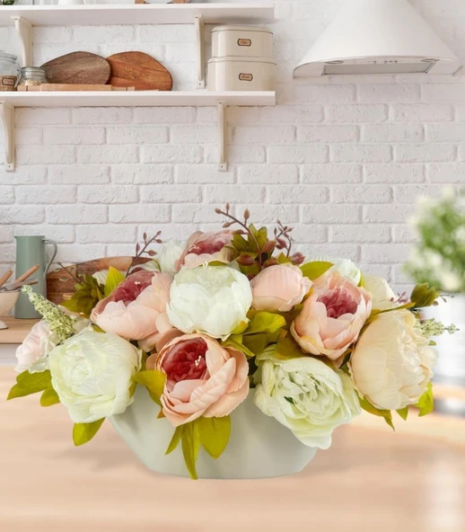 Nettenevime Yapay Çiçek Aranjmanı Gondol Vazoda Pembe Krem Beyaz Tonlarında Marsilya Gülü Şakayık Çiçekleri - 2