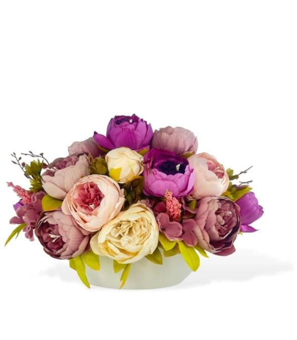 Nettenevime Yapay Çiçek Aranjmanı Gondol Vazoda Mor Pudra Pembe Tonlarında Marsilya Gülü Şakayık Çiçekleri - 2