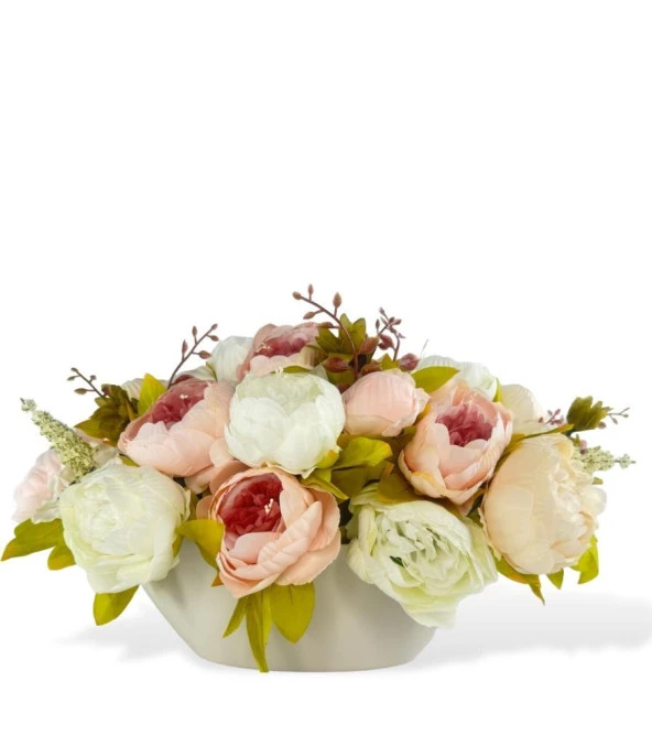 Nettenevime Yapay Çiçek Aranjmanı Gondol Vazoda Pembe Krem Beyaz Tonlarında Marsilya Gülü Şakayık Çiçekleri - 3