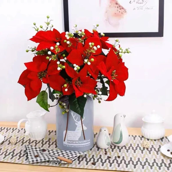 Nettenevime Yapay Çiçek Atatürk Çiçeği Kırmızı Demet Kadife Dokulu Christmas Flower - 2