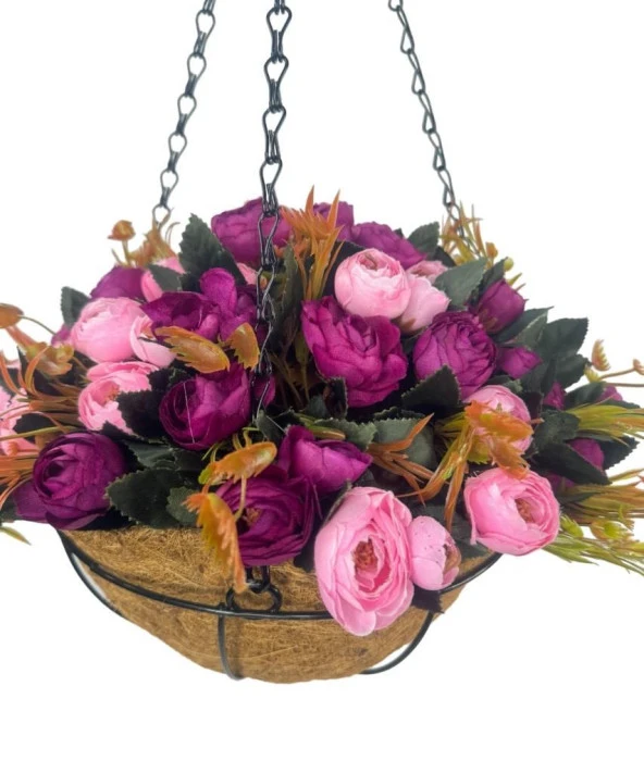 Nettenevime Yapay Çiçek Sarkaç Askılı Makreme Sepette Erengül Mor Pembe Çiçek Sepeti - Resim 3