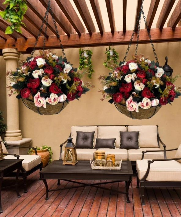 Nettenevime Yapay Çiçek Sarkaç Askılı Makreme Sepette Erengül Kırmızılı Çiçek Sepeti - Resim 4