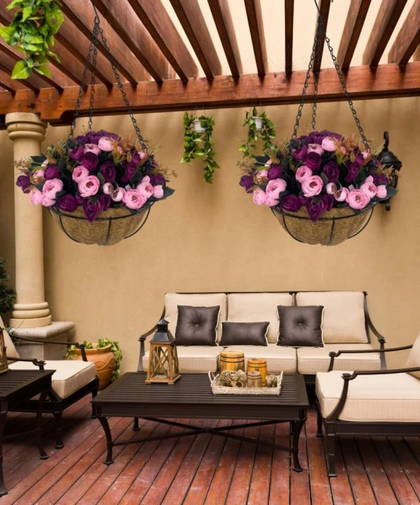 Nettenevime Yapay Çiçek Sarkaç Askılı Makreme Sepette Erengül Mor Pembe Çiçek Sepeti - Resim 6