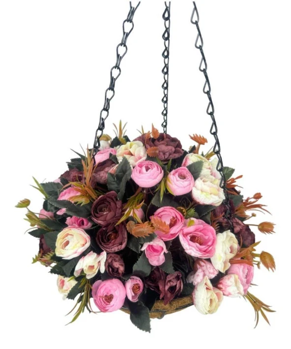 Nettenevime Yapay Çiçek Sarkaç Askılı Makreme Sepette Erengül Bordo Pembe Çiçek Sepeti - Resim 2