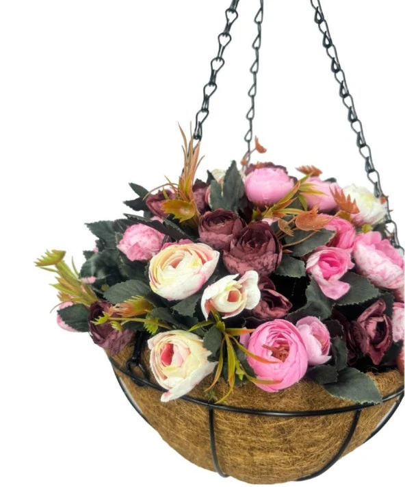 Nettenevime Yapay Çiçek Sarkaç Askılı Makreme Sepette Erengül Bordo Pembe Çiçek Sepeti - Resim 3