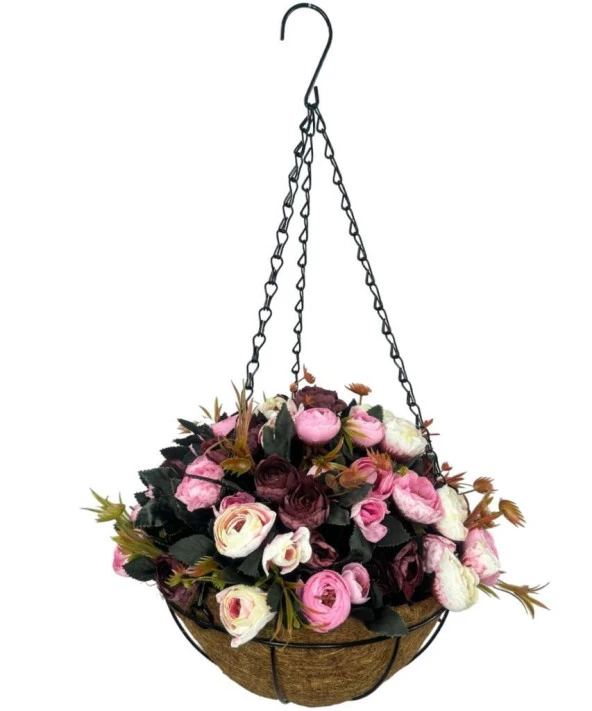Nettenevime Yapay Çiçek Sarkaç Askılı Makreme Sepette Erengül Bordo Pembe Çiçek Sepeti - Resim 4