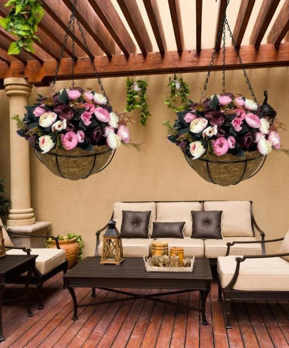 Nettenevime Yapay Çiçek Sarkaç Askılı Makreme Sepette Erengül Bordo Pembe Çiçek Sepeti - Resim 5