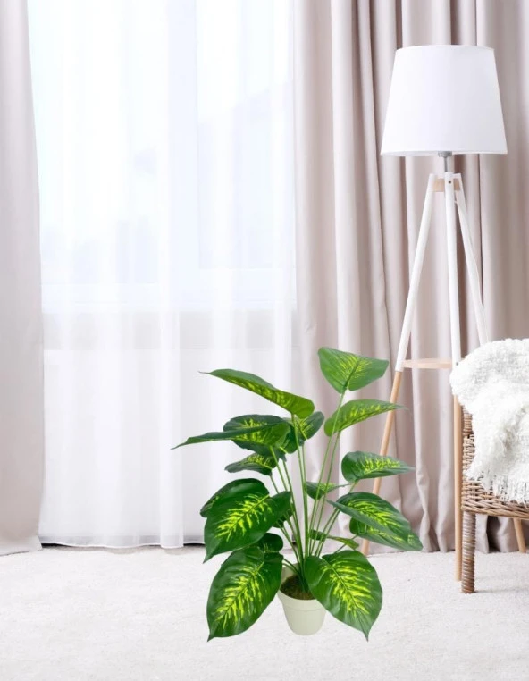 Nettenevime Yapay Çiçek Difenbahya Tropik Salon Çiçeği Beyaz Saksılı Yapay Bitki - 3