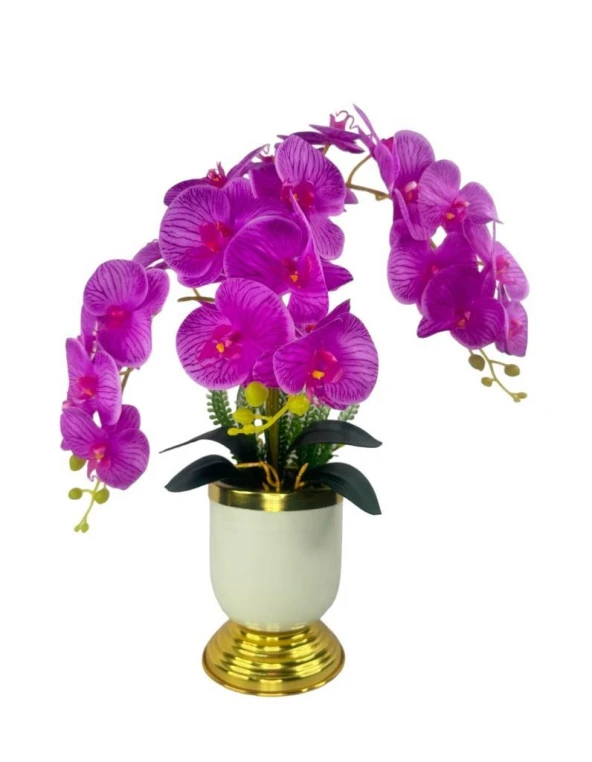 Nettenevime Yapay Çiçek 3lü Fuşya Orkide Metal Krem Gold Saksıda Orkide 60cm - Resim 2