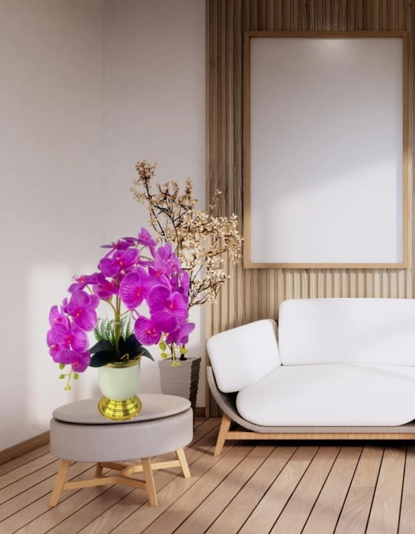 Nettenevime Yapay Çiçek 3lü Fuşya Orkide Metal Krem Gold Saksıda Orkide 60cm - Resim 3