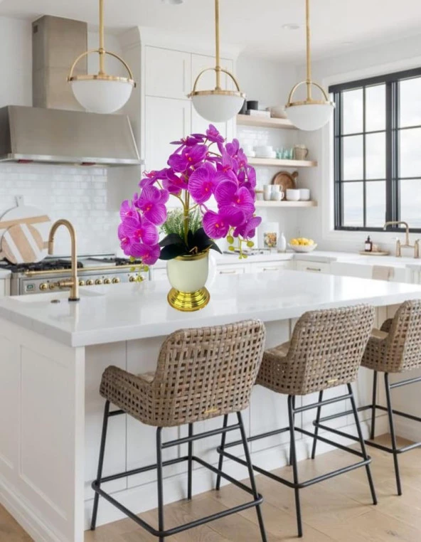 Nettenevime Yapay Çiçek 3lü Fuşya Orkide Metal Krem Gold Saksıda Orkide 60cm - Resim 4