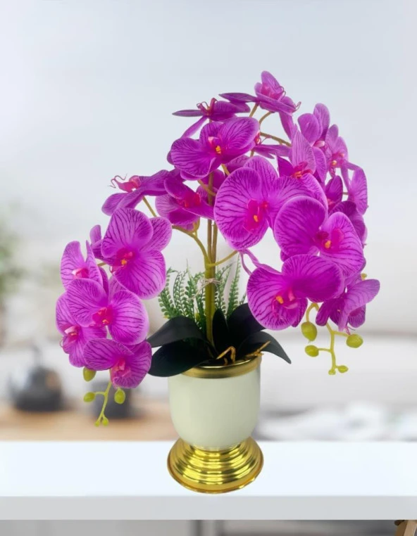 Nettenevime Yapay Çiçek 3lü Fuşya Orkide Metal Krem Gold Saksıda Orkide 60cm - Resim 5