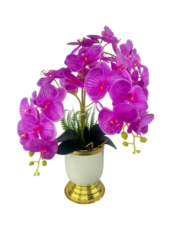 Nettenevime Yapay Çiçek 3lü Fuşya Orkide Metal Krem Gold Saksıda Orkide 60cm - Resim 6