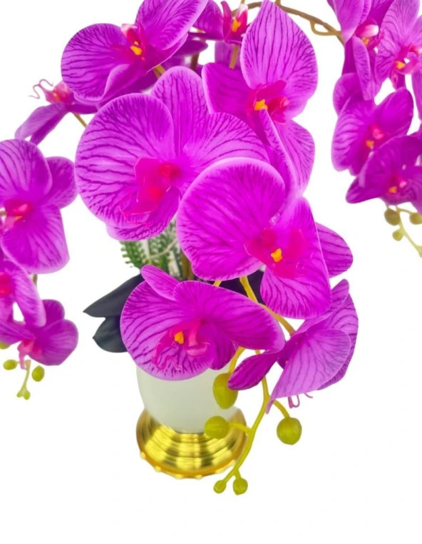 Nettenevime Yapay Çiçek 3lü Fuşya Orkide Metal Krem Gold Saksıda Orkide 60cm - Resim 8