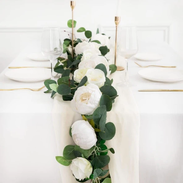 Nettenevime Yapay Çiçek Sarkan Ve Dolanan Beyaz Krem Şakayık Gül Okaliptus Yapay Sarmaşık Masa Çiçeği - Resim 2