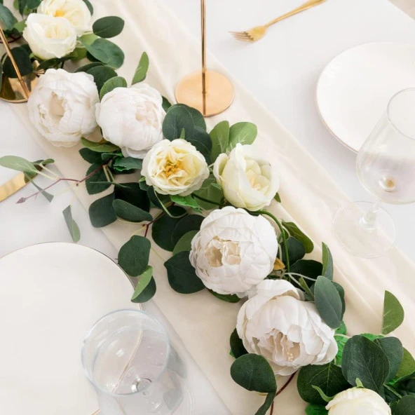 Nettenevime Yapay Çiçek Sarkan Ve Dolanan Beyaz Krem Şakayık Gül Okaliptus Yapay Sarmaşık Masa Çiçeği - Resim 3